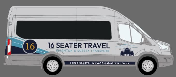 Drawing of a 16 Seater Travel minibus in our livery: Brighton & Sussex Transport, 01273 569078